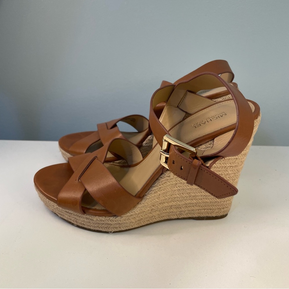 Michael Kors Tan Leather Espadrille Wedge Sandals Size 9